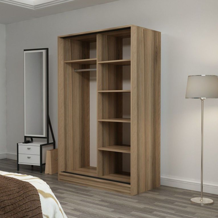 Guardaroba 2 Ante Marrone Rovere Bianco 5 Ripiani Appendiabiti 120x190h cm, Apertura Scorrevole - Pozzilli