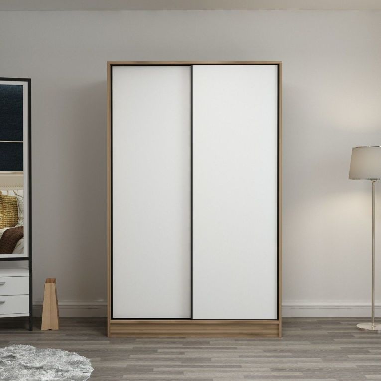 Guardaroba 2 Ante Marrone Rovere Bianco 5 Ripiani Appendiabiti 120x190h cm, Apertura Scorrevole - Pozzilli