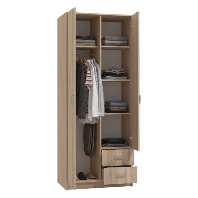 Guardaroba 2 Ante Marrone Rovere Bianco Appendiabiti 2 Cassetti 80x205h cm, 4 Ripiani - Cimena