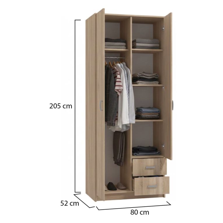 Guardaroba 2 Ante Marrone Rovere Bianco Appendiabiti 2 Cassetti 80x205h cm, 4 Ripiani - Cimena