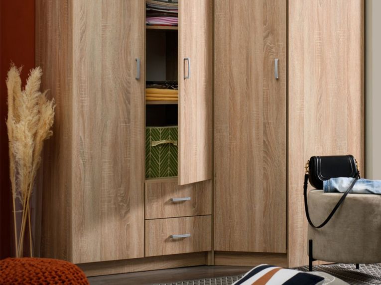 Guardaroba 2 Ante Marrone Rovere Bianco Appendiabiti 2 Cassetti 80x205h cm, 4 Ripiani - Cimena