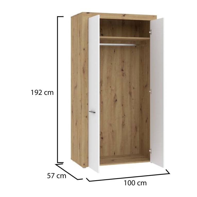 Guardaroba 2 Ante Marrone Rovere Bianco un Ripiano Appendiabiti 100x192h cm, Apertura Battente - Lesemelo