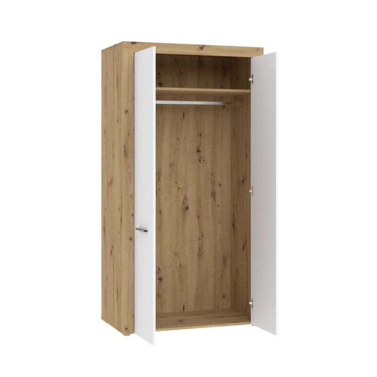 Guardaroba 2 Ante Marrone Rovere Bianco un Ripiano Appendiabiti 100x192h cm, Apertura Battente - Lesemelo