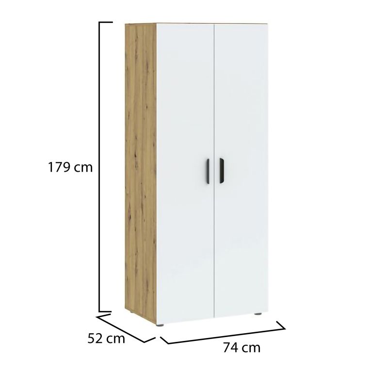 Guardaroba 2 Ante Marrone Rovere Bianco un Ripiano Appendiabiti 74x179h cm, Apertura Battente - Malvito