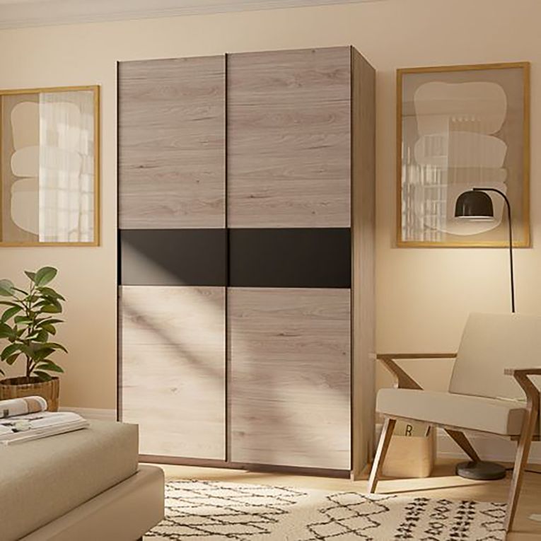 Guardaroba 2 Ante Marrone Rovere Nero Antracite 2 Ripiani Appendiabiti 120x204h cm, 2 Ante - Maba