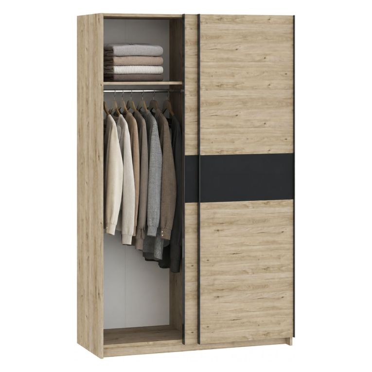 Guardaroba 2 Ante Marrone Rovere Nero Antracite 2 Ripiani Appendiabiti 120x204h cm, 2 Ante - Maba