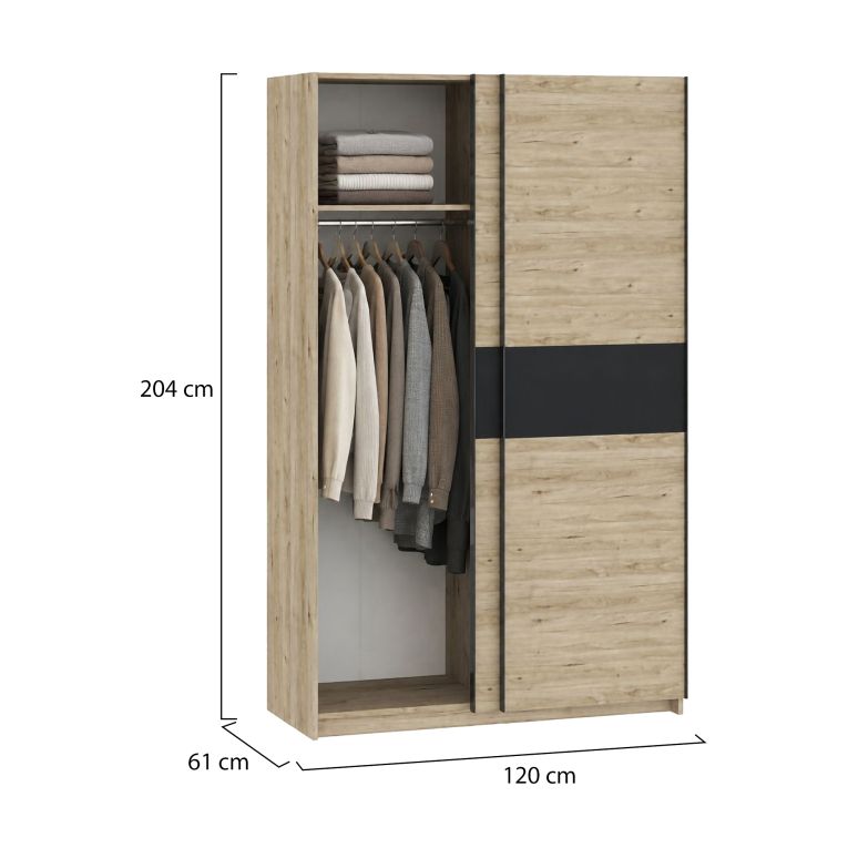 Guardaroba 2 Ante Marrone Rovere Nero Antracite 2 Ripiani Appendiabiti 120x204h cm, 2 Ante - Maba