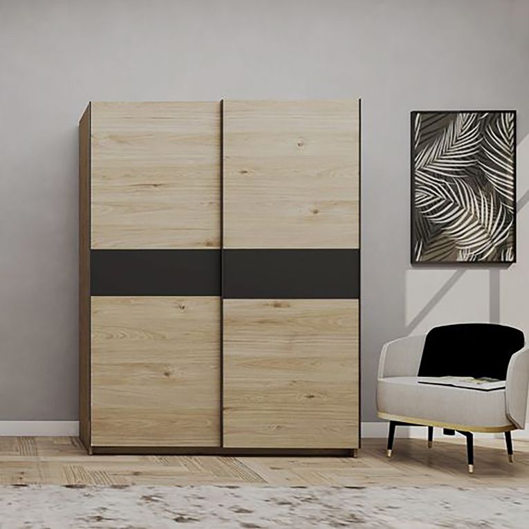 Guardaroba 2 Ante Marrone Rovere Nero Antracite 2 Ripiani Appendiabiti 150x204h cm, 2 Ante - Manita