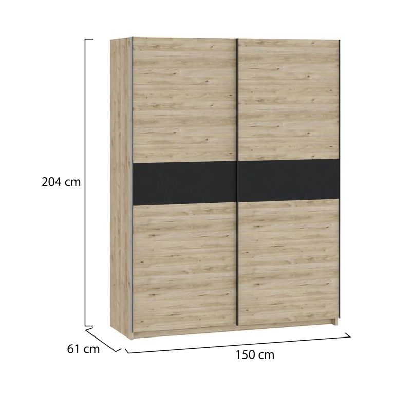 Guardaroba 2 Ante Marrone Rovere Nero Antracite 2 Ripiani Appendiabiti 150x204h cm, 2 Ante - Manita