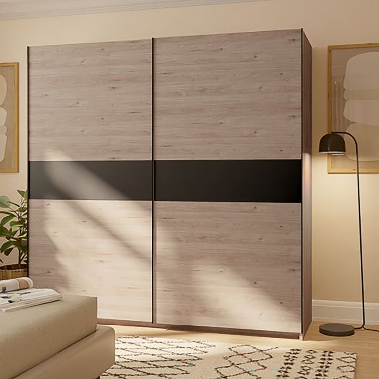 Guardaroba 2 Ante Marrone Rovere Nero Antracite 2 Ripiani Appendiabiti 200x204h cm, 2 Ante - Nalika
