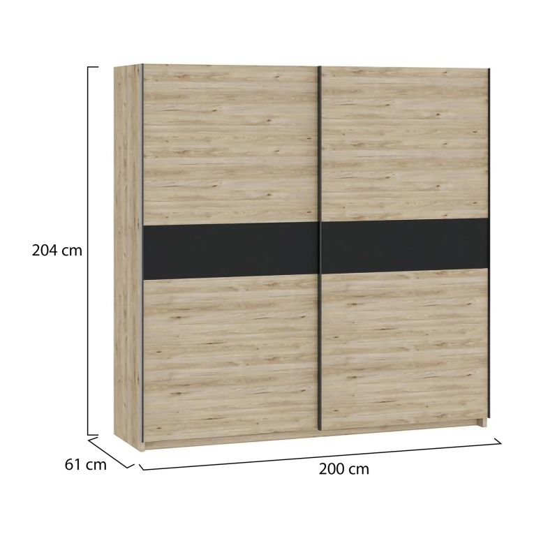 Guardaroba 2 Ante Marrone Rovere Nero Antracite 2 Ripiani Appendiabiti 200x204h cm, 2 Ante - Nalika