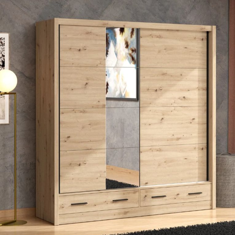 Guardaroba 2 Ante Marrone Rovere Nodi 4 Ripiani Appendiabiti 205x216h cm, 2 Cassetti - Copala