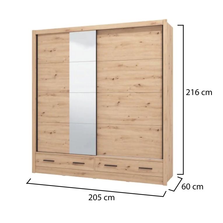 Guardaroba 2 Ante Marrone Rovere Nodi 4 Ripiani Appendiabiti 205x216h cm, 2 Cassetti - Copala