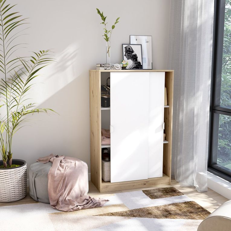 Guardaroba 2 Ante Marrone Rovere Nodi Bianco 2 Ripiani Apertura Scorrevole 77x119h cm, 3 Vani - Stelvio
