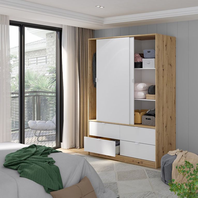 Guardaroba 2 Ante Marrone Rovere Nodi Bianco 4 Cassetti 2 Ripiani 140x200h cm, Appendiabiti - Ponna