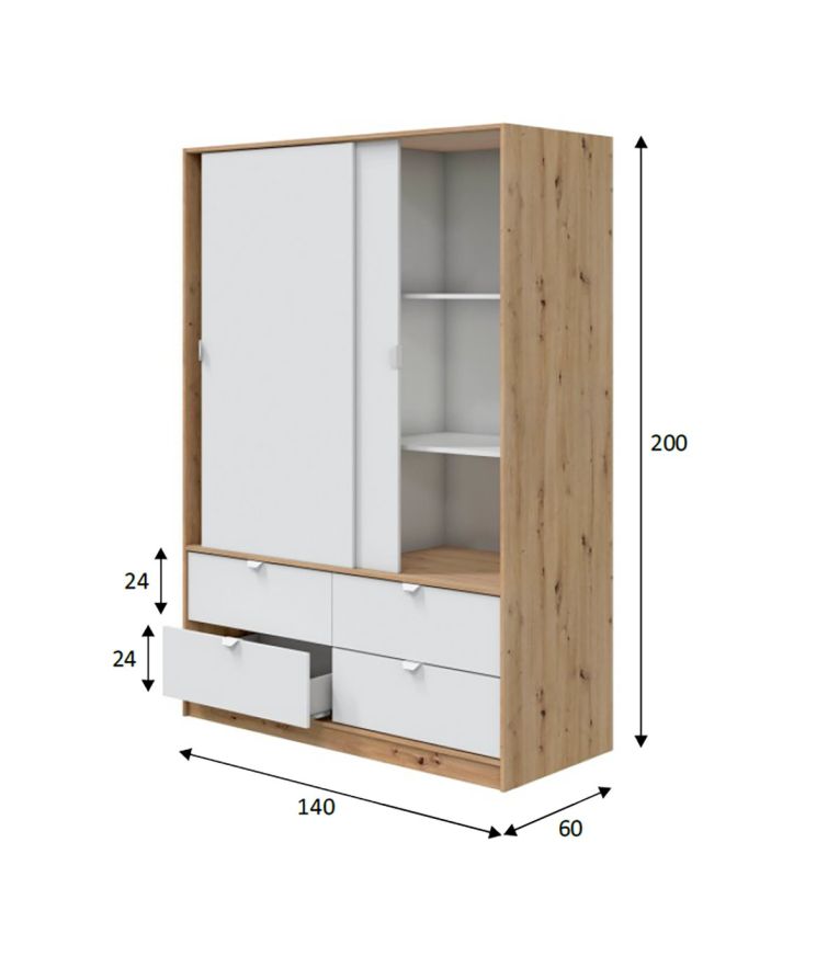 Guardaroba 2 Ante Marrone Rovere Nodi Bianco 4 Cassetti 2 Ripiani 140x200h cm, Appendiabiti - Ponna