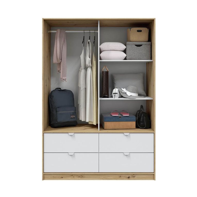 Guardaroba 2 Ante Marrone Rovere Nodi Bianco 4 Cassetti 2 Ripiani 140x200h cm, Appendiabiti - Ponna