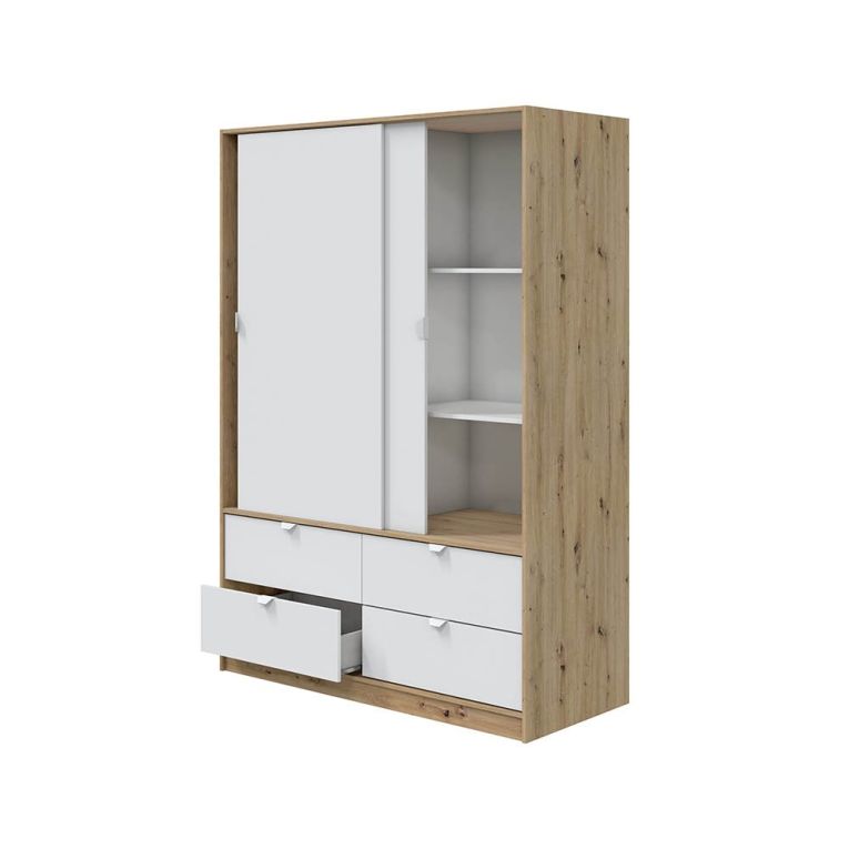 Guardaroba 2 Ante Marrone Rovere Nodi Bianco 4 Cassetti 2 Ripiani 140x200h cm, Appendiabiti - Ponna