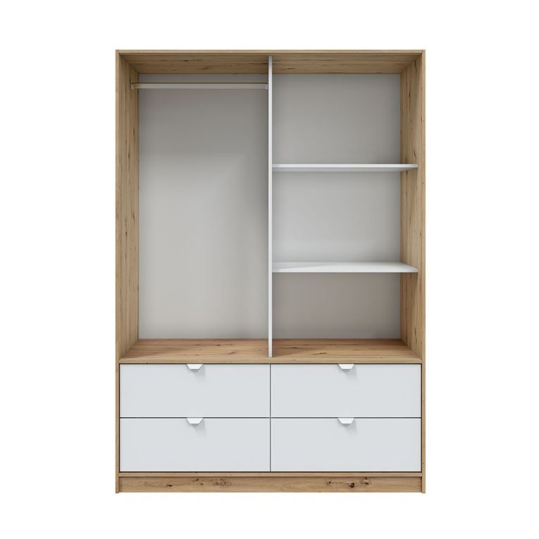 Guardaroba 2 Ante Marrone Rovere Nodi Bianco 4 Cassetti 2 Ripiani 140x200h cm, Appendiabiti - Ponna