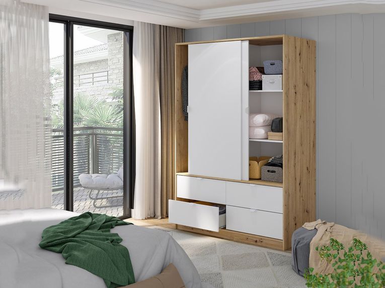 Guardaroba 2 Ante Marrone Rovere Nodi Bianco 4 Cassetti 2 Ripiani 140x200h cm, Appendiabiti - Ponna