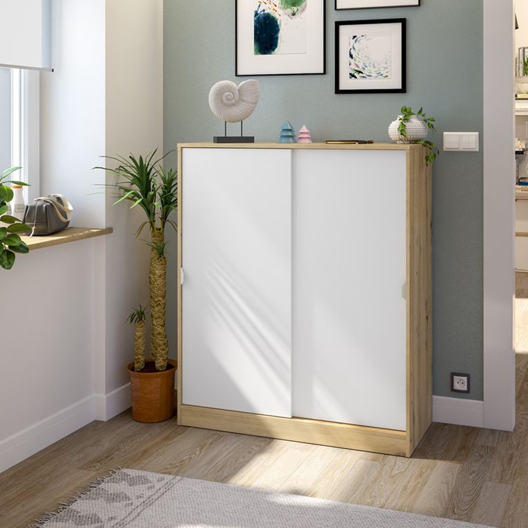 Guardaroba 2 Ante Marrone Rovere Nodi Bianco 4 Ripiani Apertura Scorrevole 100x119h cm, 6 Vani - Resana