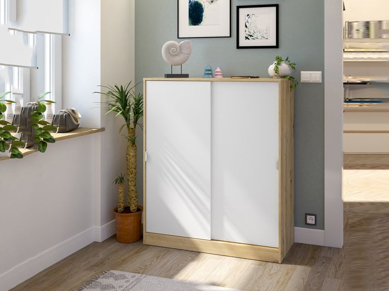 Guardaroba 2 Ante Marrone Rovere Nodi Bianco 4 Ripiani Apertura Scorrevole 100x119h cm, 6 Vani - Resana