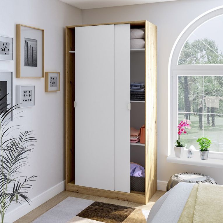 Guardaroba 2 Ante Marrone Rovere Nodi Bianco 4 Ripiani Appendiabiti 100x200h cm, Apertura Scorrevole - Orgosolo