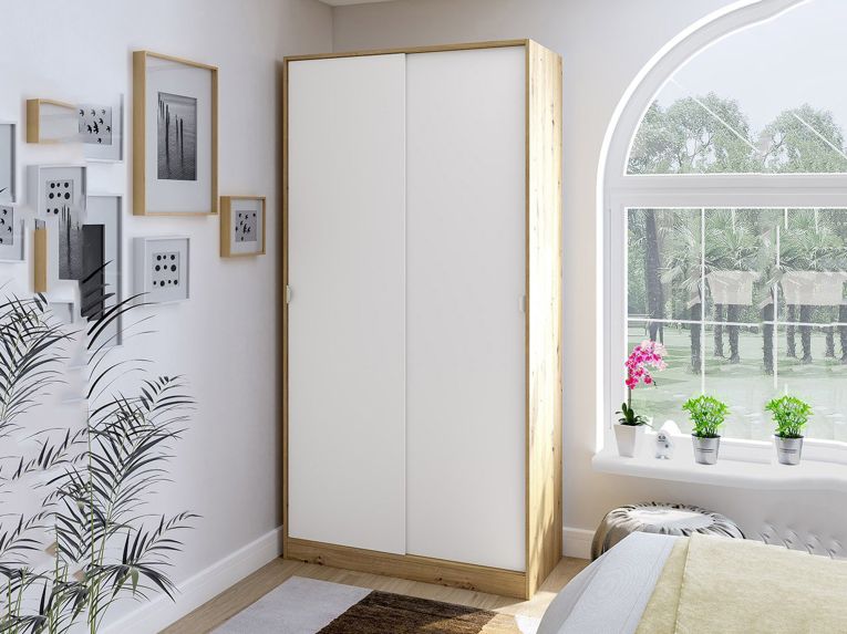 Guardaroba 2 Ante Marrone Rovere Nodi Bianco 4 Ripiani Appendiabiti 100x200h cm, Apertura Scorrevole - Orgosolo