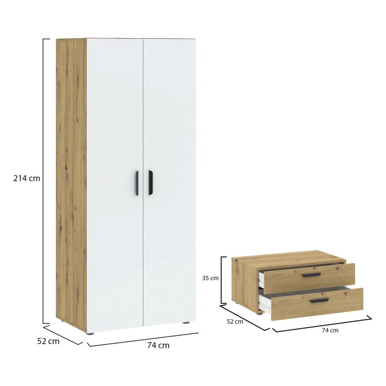 Guardaroba 2 Ante Marrone Rovere Nodi Bianco un Ripiano 2 Cassetti 74x214h cm, Appendiabiti - Buriasco