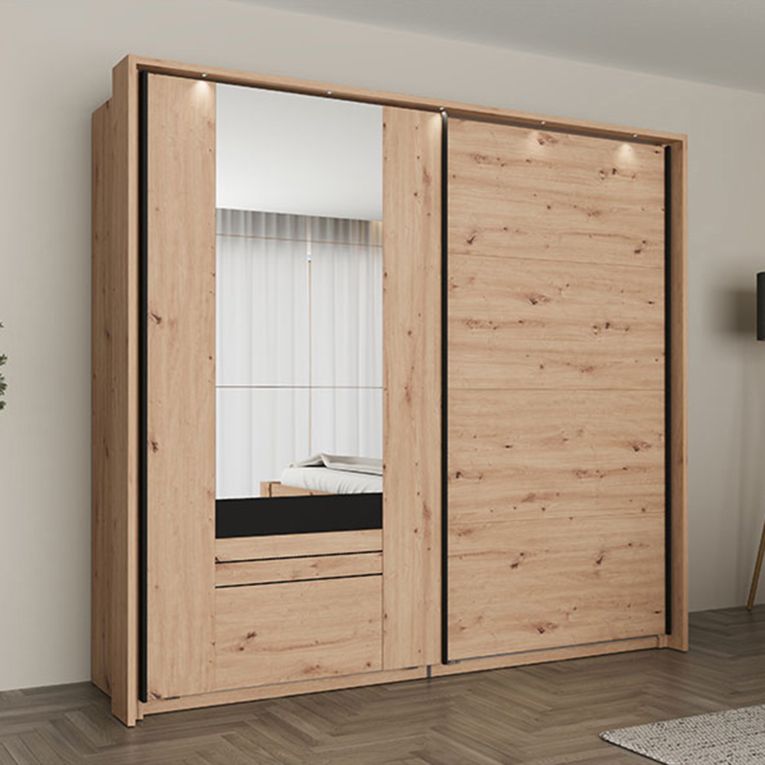 Guardaroba 2 Ante Marrone Rovere Nodi Nero 2 Ripiani Appendiabiti 220x205h cm, Apertura Scorrevole - Lalibe