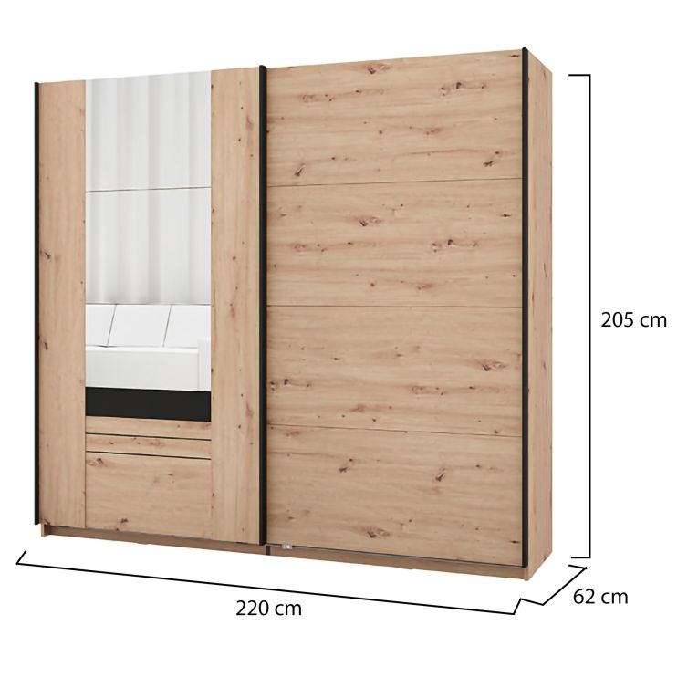 Guardaroba 2 Ante Marrone Rovere Nodi Nero 2 Ripiani Appendiabiti 220x205h cm, Apertura Scorrevole - Lalibe