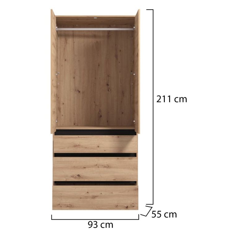 Guardaroba 2 Ante Marrone Rovere Nodi Nero Appendiabiti 3 Cassetti 93x211h cm, un Ripiano - Vimercatii