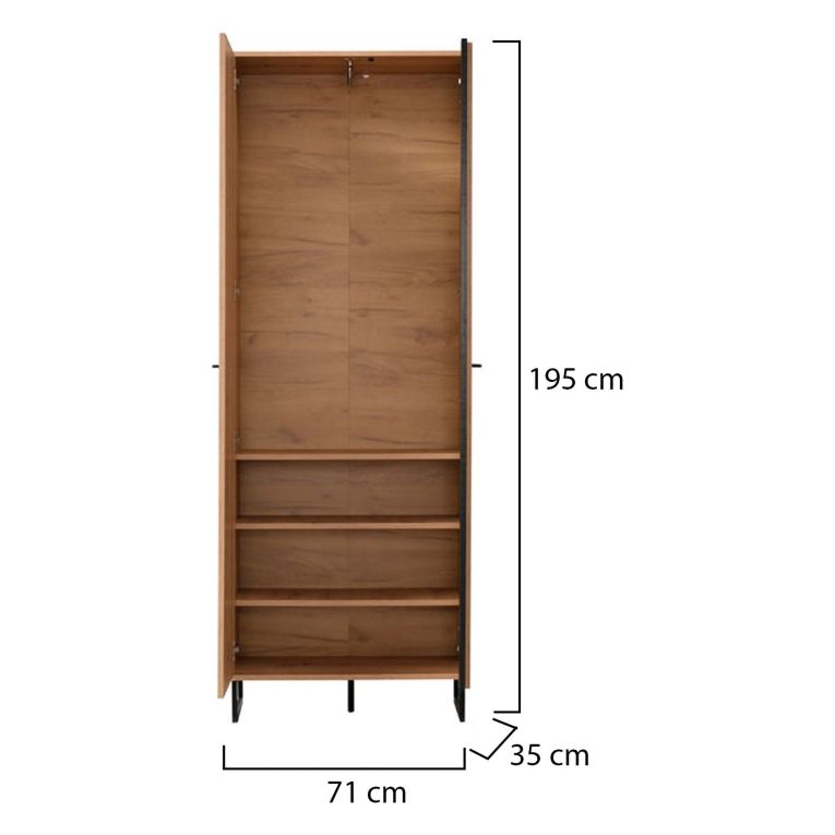 Guardaroba 2 Ante Marrone Rovere Nodi Nero Appendiabiti 3 Ripiani 70.5x194.5h cm, 2 Ante - Seriate
