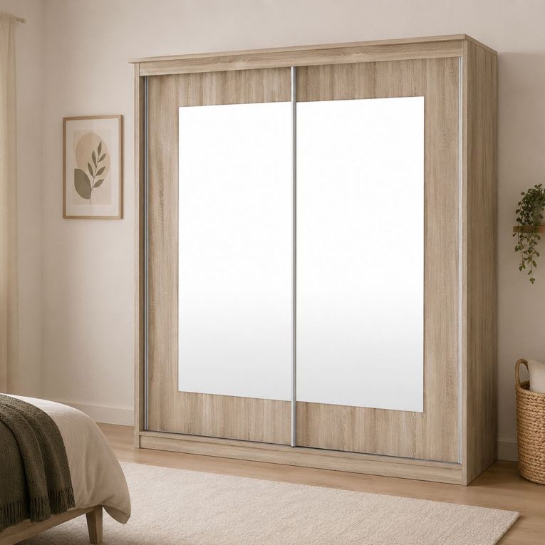 Guardaroba 2 Ante Marrone Rovere Traparente Appendiabiti 5 Ripiani 180x195h cm, 2 Ante - Lesale