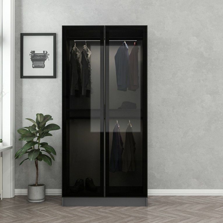 Guardaroba 2 Ante Nero Antracite Appendiabiti un Ripiano 90x210h cm, 2 Ante - Moconesi