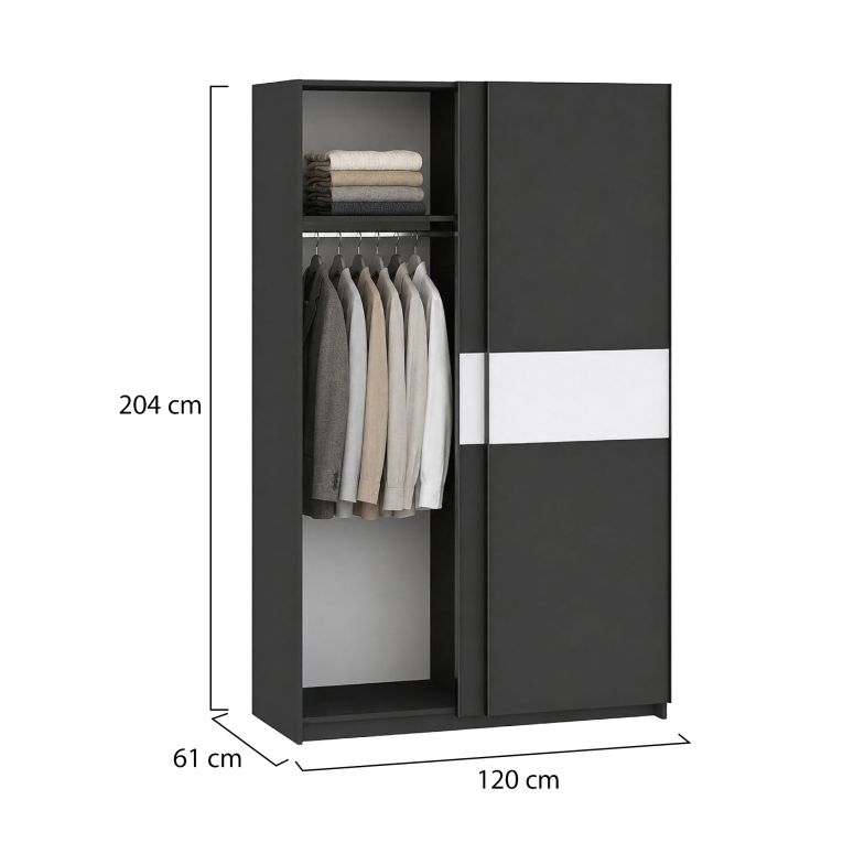 Guardaroba 2 Ante Nero Antracite Bianco 2 Ripiani Appendiabiti 120x204h cm, 2 Ante - Maba
