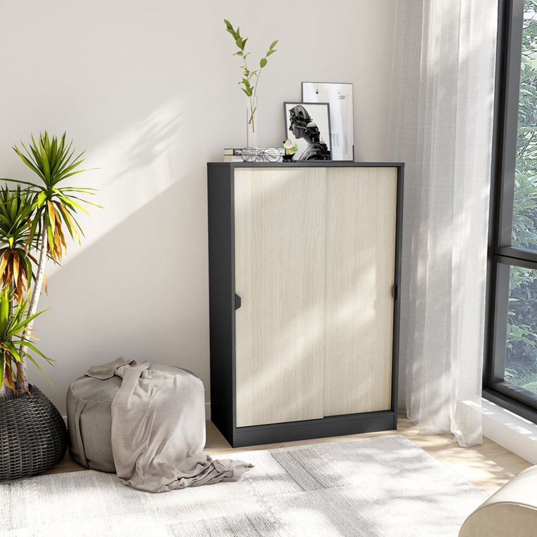 Guardaroba 2 Ante Nero Antracite Marrone Rovere 2 Ripiani 2 Ante 77x119h cm, Apertura Scorrevole - Stelvio