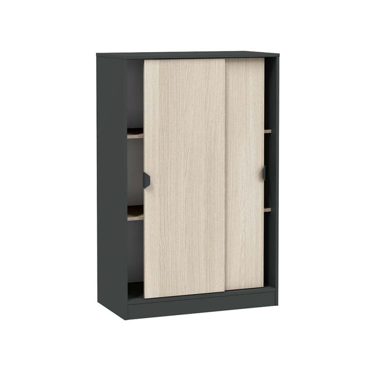Guardaroba 2 Ante Nero Antracite Marrone Rovere 2 Ripiani 2 Ante 77x119h cm, Apertura Scorrevole - Stelvio