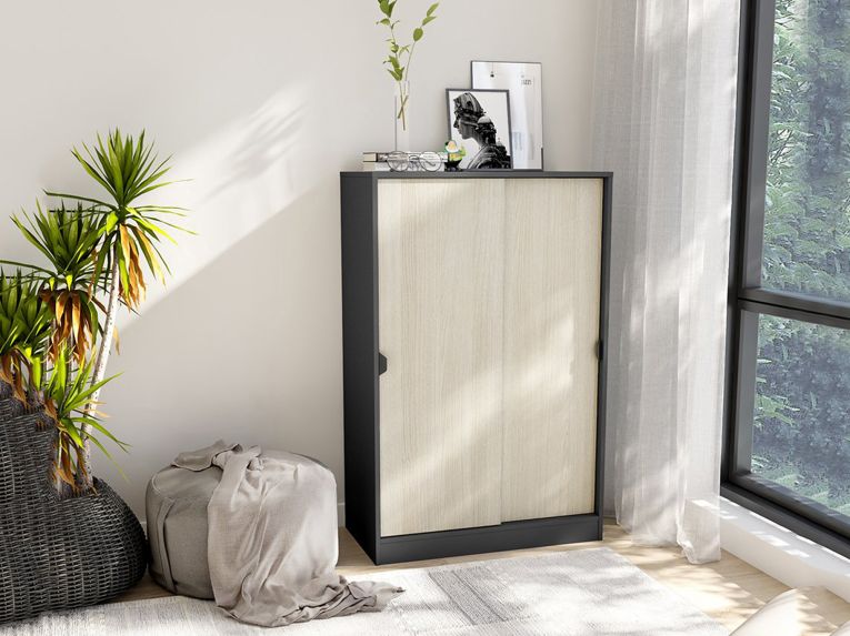 Guardaroba 2 Ante Nero Antracite Marrone Rovere 2 Ripiani 2 Ante 77x119h cm, Apertura Scorrevole - Stelvio