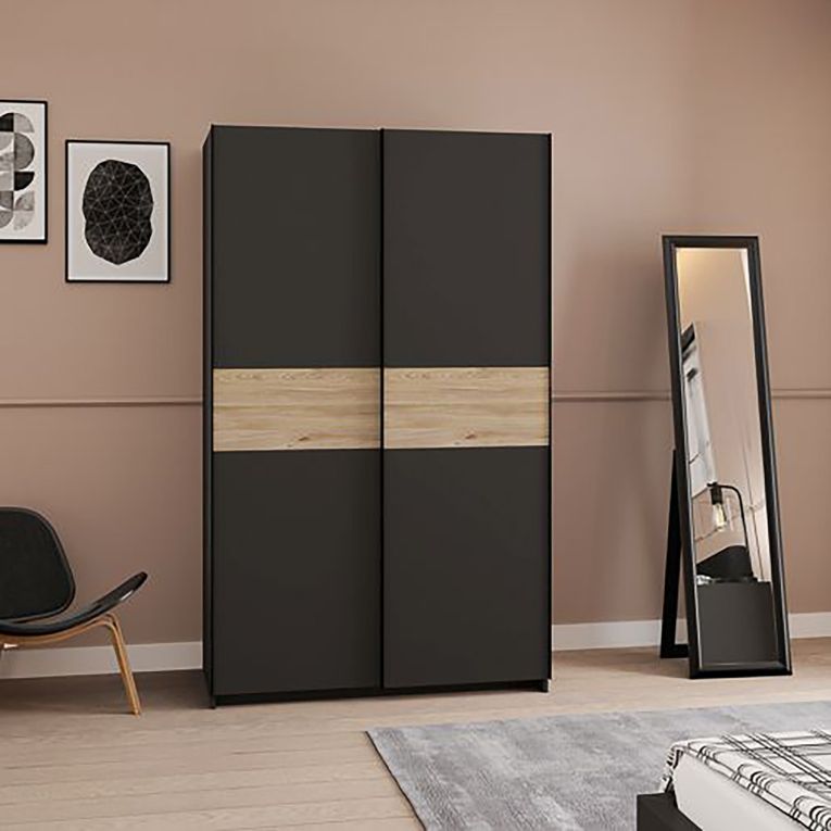 Guardaroba 2 Ante Nero Antracite Marrone Rovere 2 Ripiani Appendiabiti 120x204h cm, 2 Ante - Maba