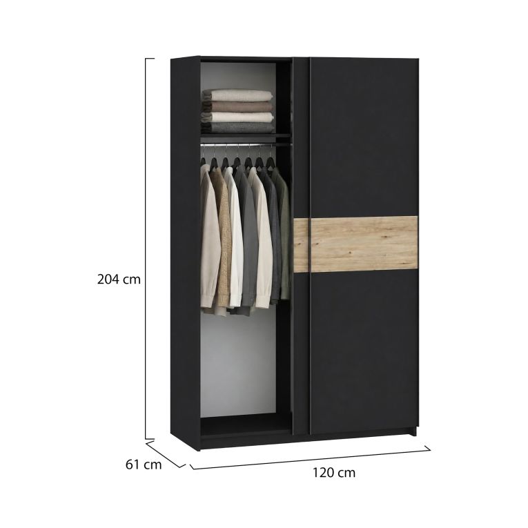 Guardaroba 2 Ante Nero Antracite Marrone Rovere 2 Ripiani Appendiabiti 120x204h cm, 2 Ante - Maba