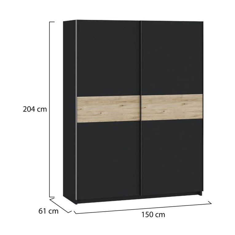 Guardaroba 2 Ante Nero Antracite Marrone Rovere 2 Ripiani Appendiabiti 150x204h cm, 2 Ante - Manita