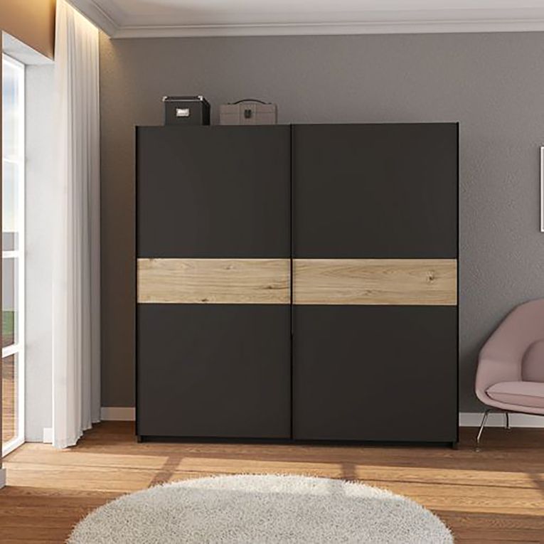 Guardaroba 2 Ante Nero Antracite Marrone Rovere 2 Ripiani Appendiabiti 200x204h cm, 2 Ante - Nalika