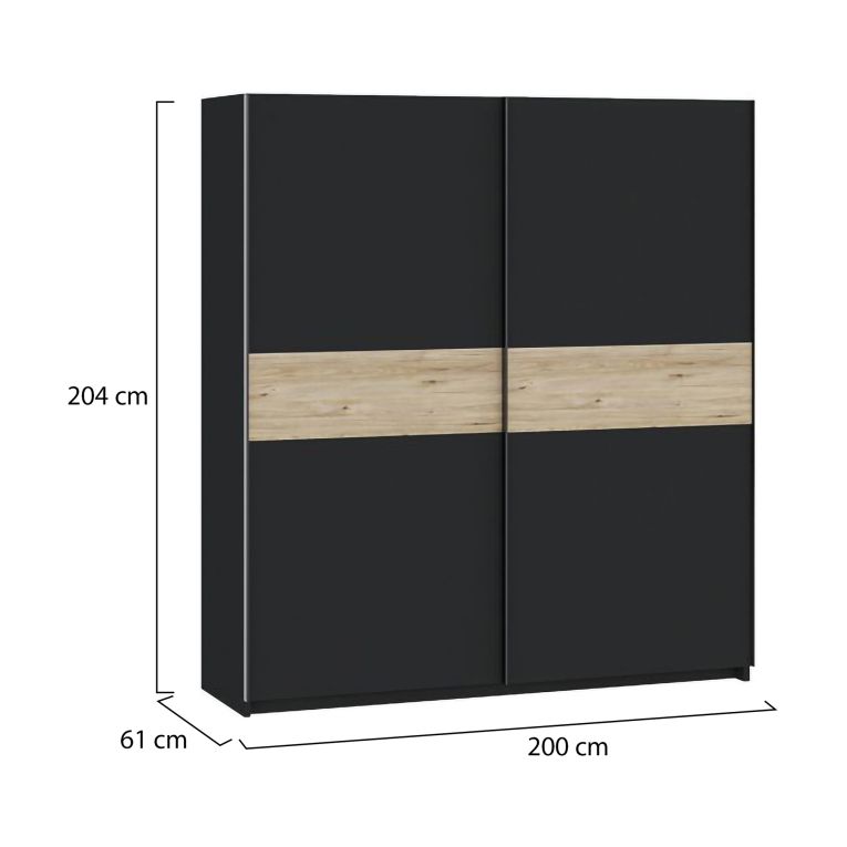 Guardaroba 2 Ante Nero Antracite Marrone Rovere 2 Ripiani Appendiabiti 200x204h cm, 2 Ante - Nalika