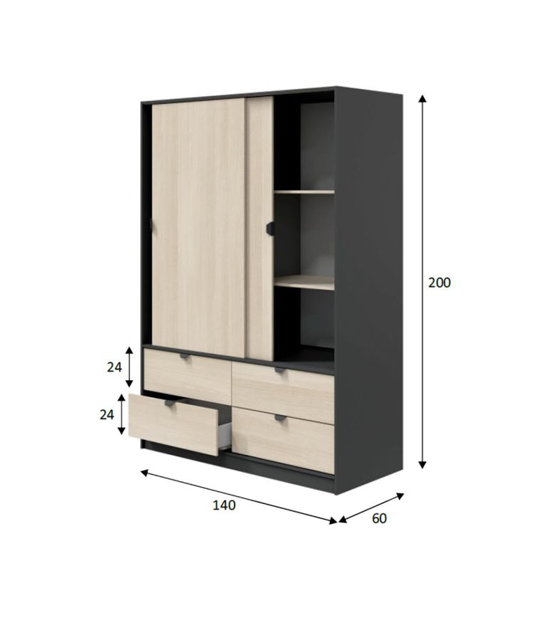 Guardaroba 2 Ante Nero Antracite Marrone Rovere 4 Cassetti 2 Ripiani 140x200h cm, Appendiabiti - Ponna