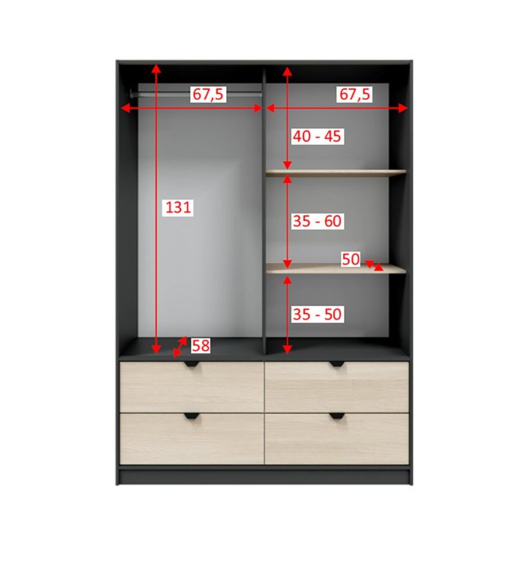 Guardaroba 2 Ante Nero Antracite Marrone Rovere 4 Cassetti 2 Ripiani 140x200h cm, Appendiabiti - Ponna