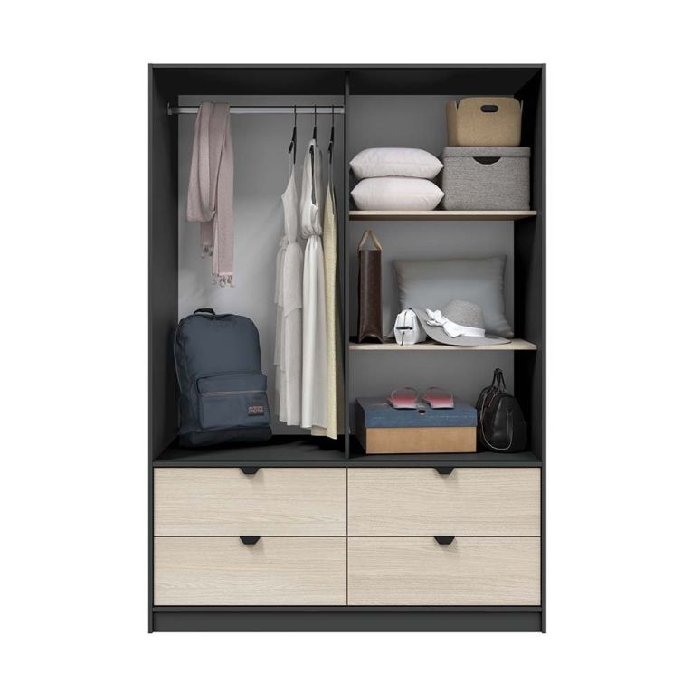 Guardaroba 2 Ante Nero Antracite Marrone Rovere 4 Cassetti 2 Ripiani 140x200h cm, Appendiabiti - Ponna