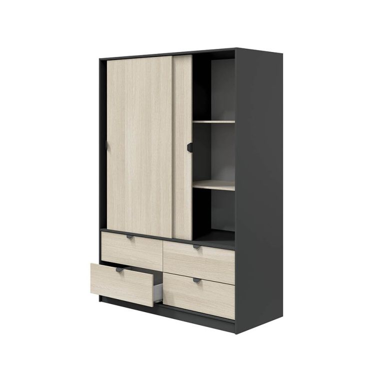 Guardaroba 2 Ante Nero Antracite Marrone Rovere 4 Cassetti 2 Ripiani 140x200h cm, Appendiabiti - Ponna