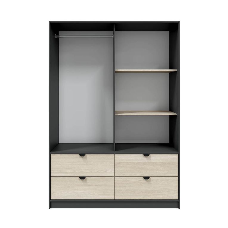 Guardaroba 2 Ante Nero Antracite Marrone Rovere 4 Cassetti 2 Ripiani 140x200h cm, Appendiabiti - Ponna