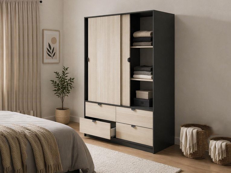 Guardaroba 2 Ante Nero Antracite Marrone Rovere 4 Cassetti 2 Ripiani 140x200h cm, Appendiabiti - Ponna